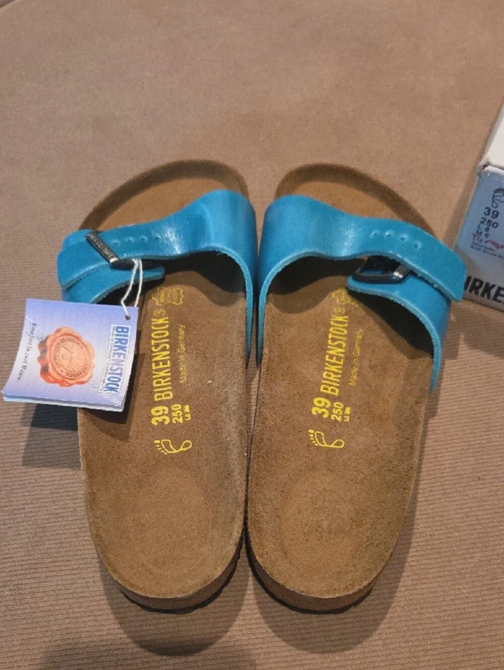 NWT Birkenstock Madrid Teal Turquoise Leather Single Strap Slide Sandals Size 39 - Picture 2 of 8